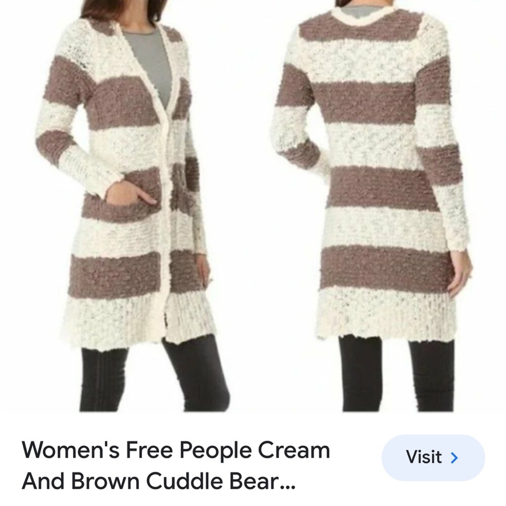 Free People Cream and Brown Cuddle Bear Popcorn Knit Sweater with front pockets